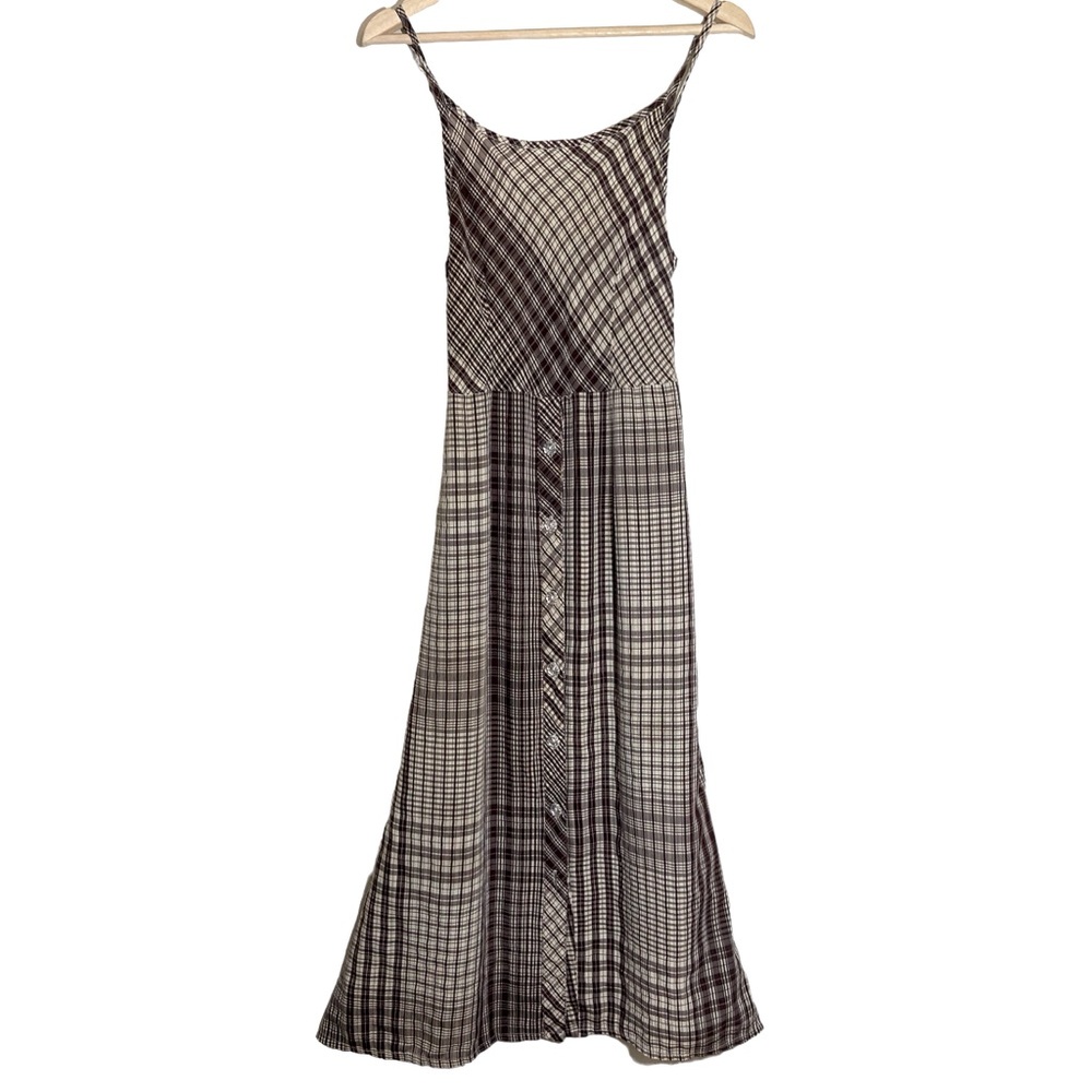 Vintage Régine Cottagecore Brown and Cream Plaid Cami Linen Long Dress SZ M